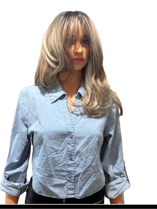 Tops - Thread Story Blue Crop Blouse Open Back Cotton M Button Front Long Sleeve